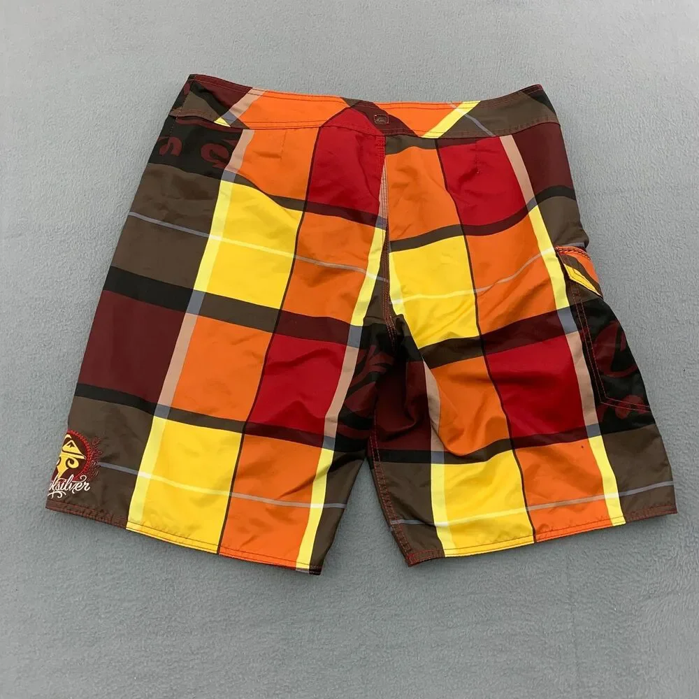 QUICKSILVER Board Shorts Swim Trunks Mens Size 36 Cargo Plaid Polyester 11